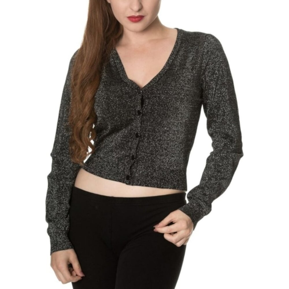 Dancing Days By Banned Cropped Glitter Cardigan Sweater Buttoned Vneck Black